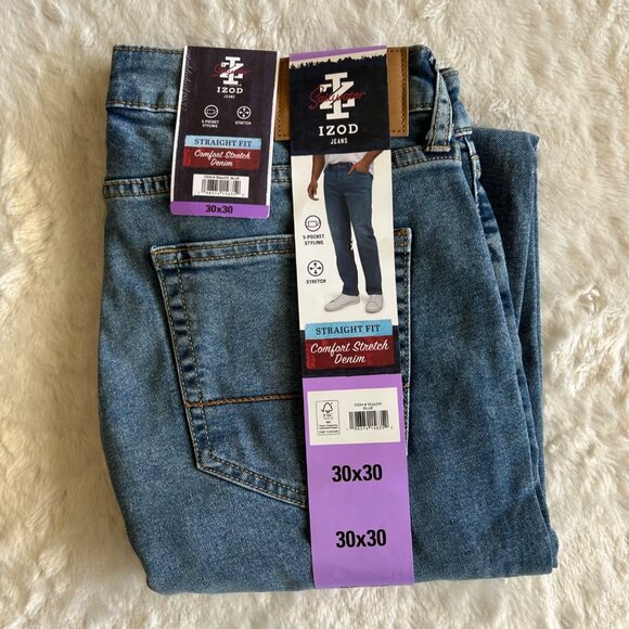 NWT Izod Mens Straight Leg Comfort Stretch Denim Jeans 30x30 Med Wash - Picture 2 of 3